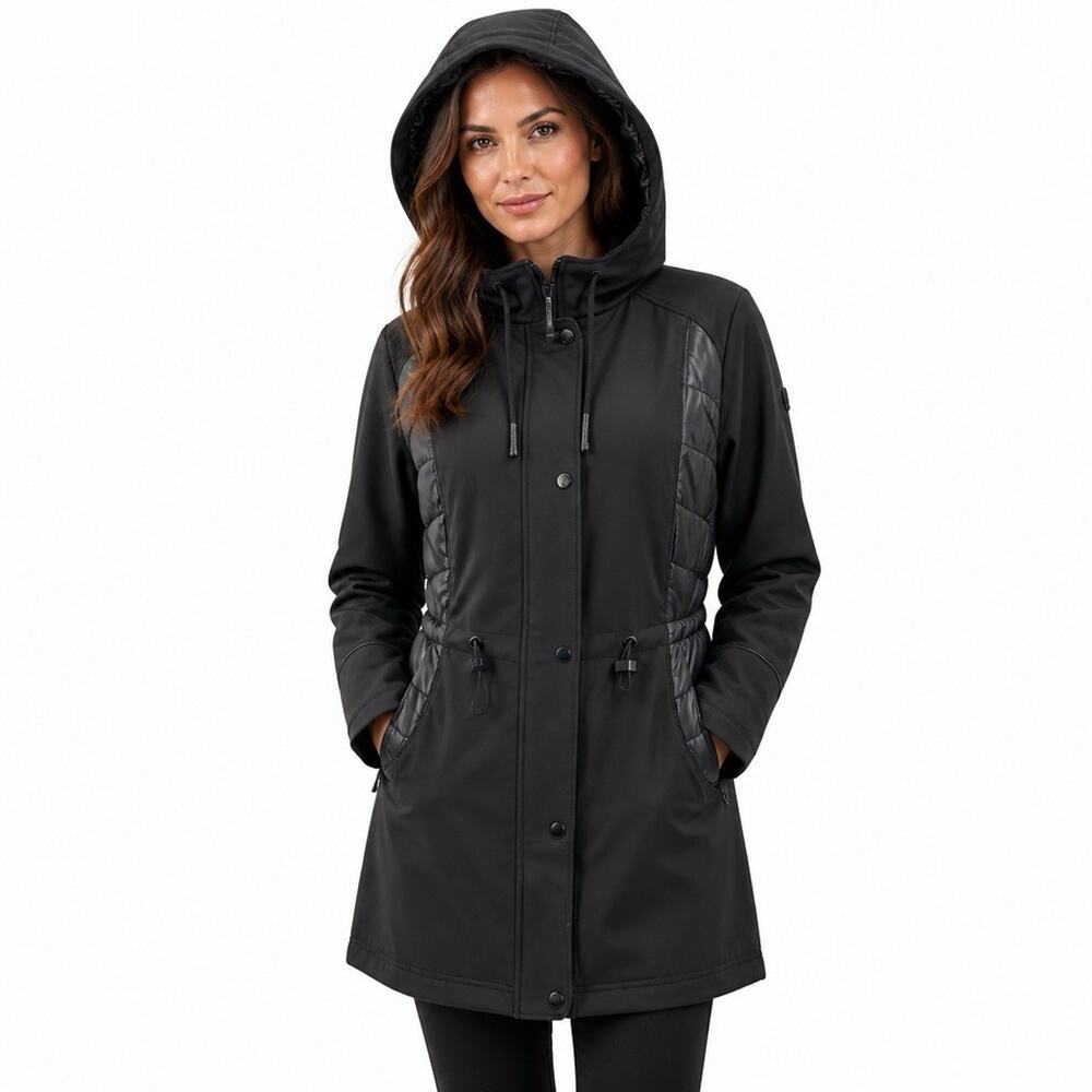 Guess Women’s Large Black Soft Shell Quilted Hooded Anorak Water Resistant Coat